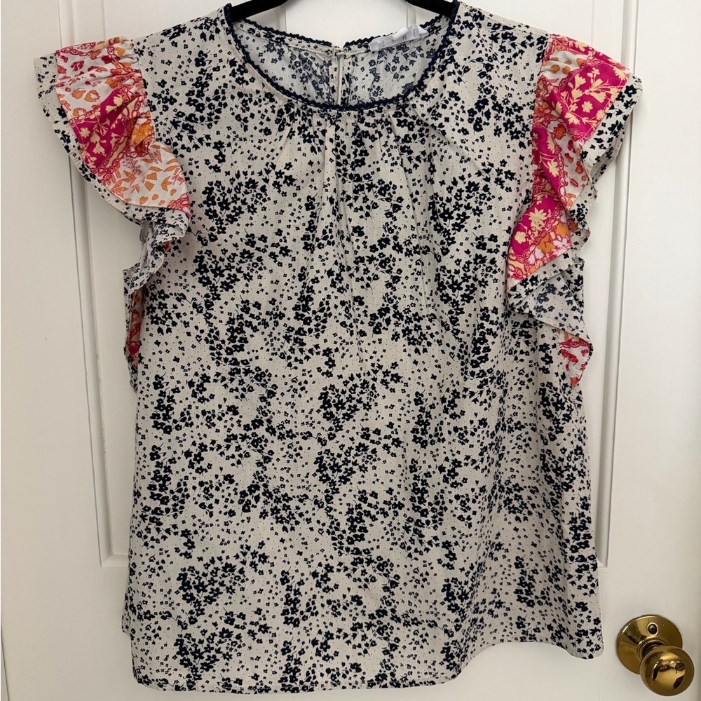 THML Black and Pink Floral Ruffle Blouse